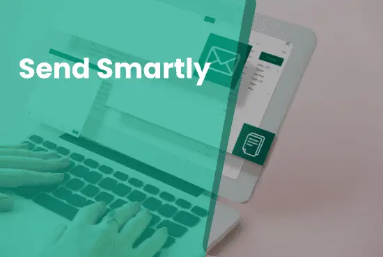 Send Smartly Brevo Email Marketing Illustration Hands typing on a laptop with email marketing interface and Send Smartly text overlay