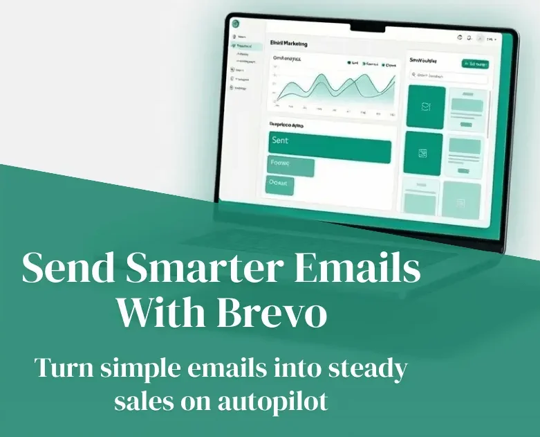 Laptop illustration with a clean email dashboard on a teal background